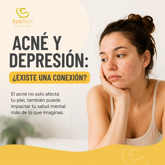 Mujer con acné mirándose al espejo con expresión de tristeza, representando la relación entre el acné y la salud mental.